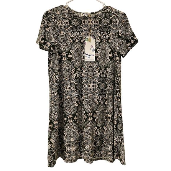 NWT Show Me Your Mumu Size S Mini Dress Olive Green Cream Batik Print Jersey - Picture 1 of 6